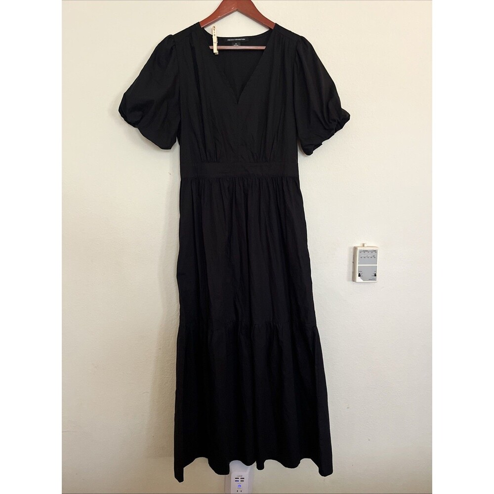 French Connection Black Tiered Puff Sleeve V Neck Cotton Poplin Maxi Dress SZ M
